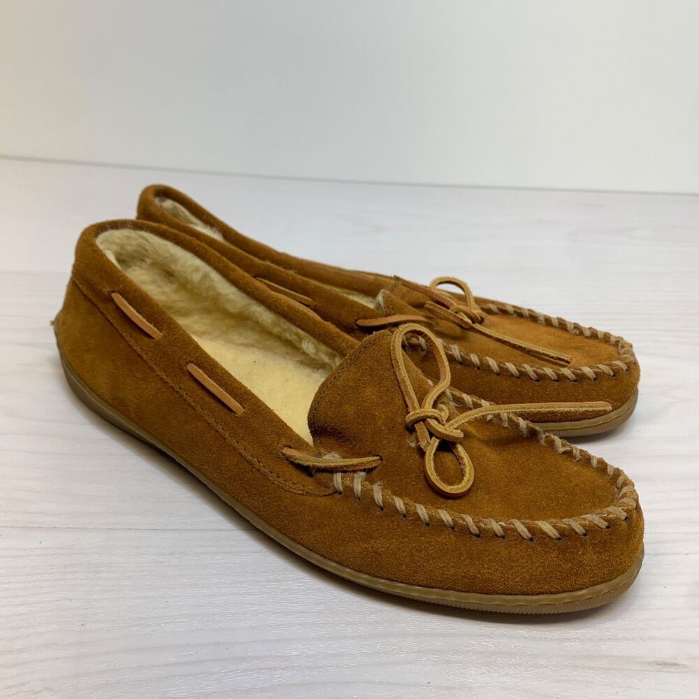 Minnetonka Slippers Womens 10 Pile Slip On‎ Moccasins Brown Suede Sherpa Indoor